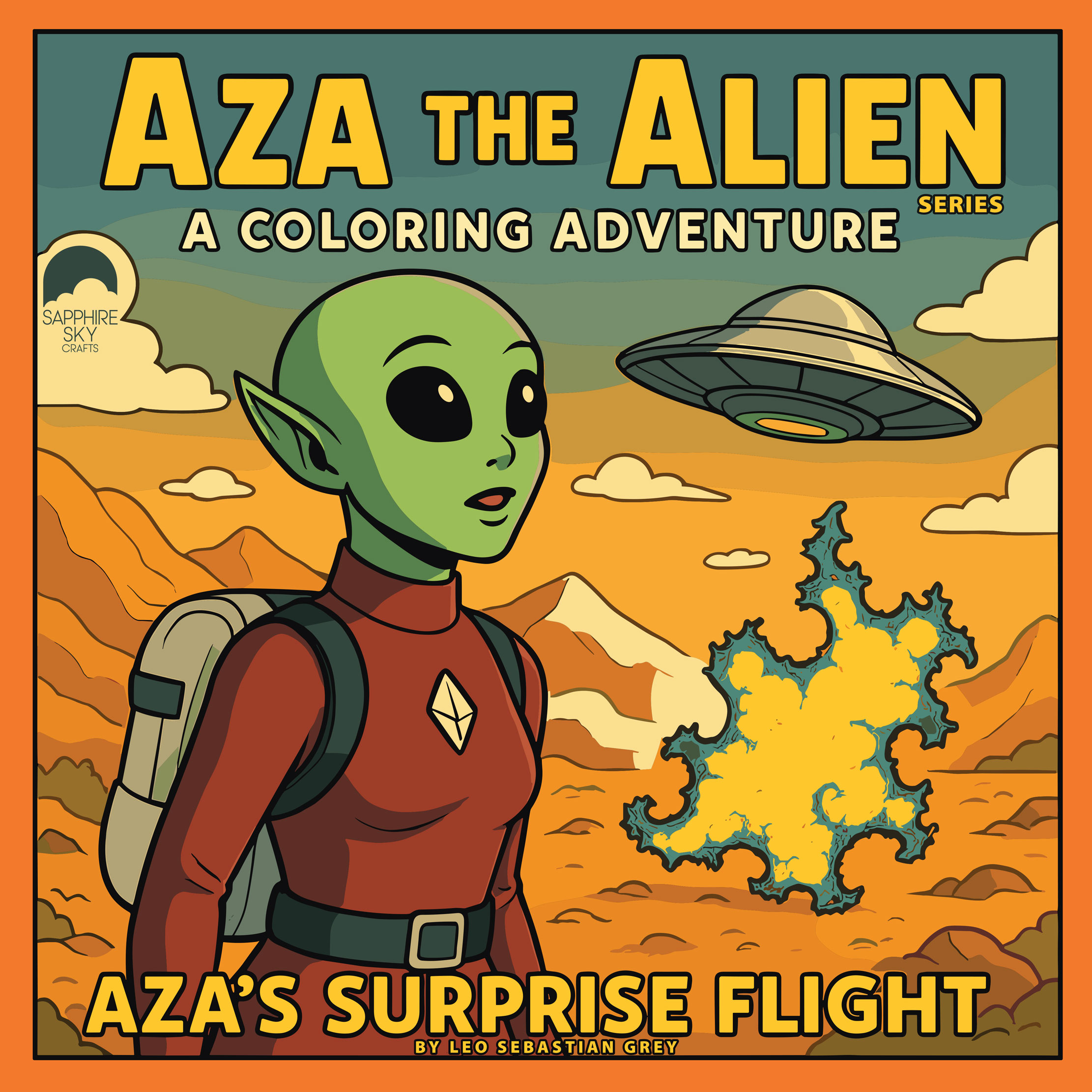 Cover of Aza the Alien - Book I: Aza’s Surprise Flight, featuring Aza aboard a glowing alien vessel as fractal beings observe her and her backpack scanner illuminates the maze ahead.