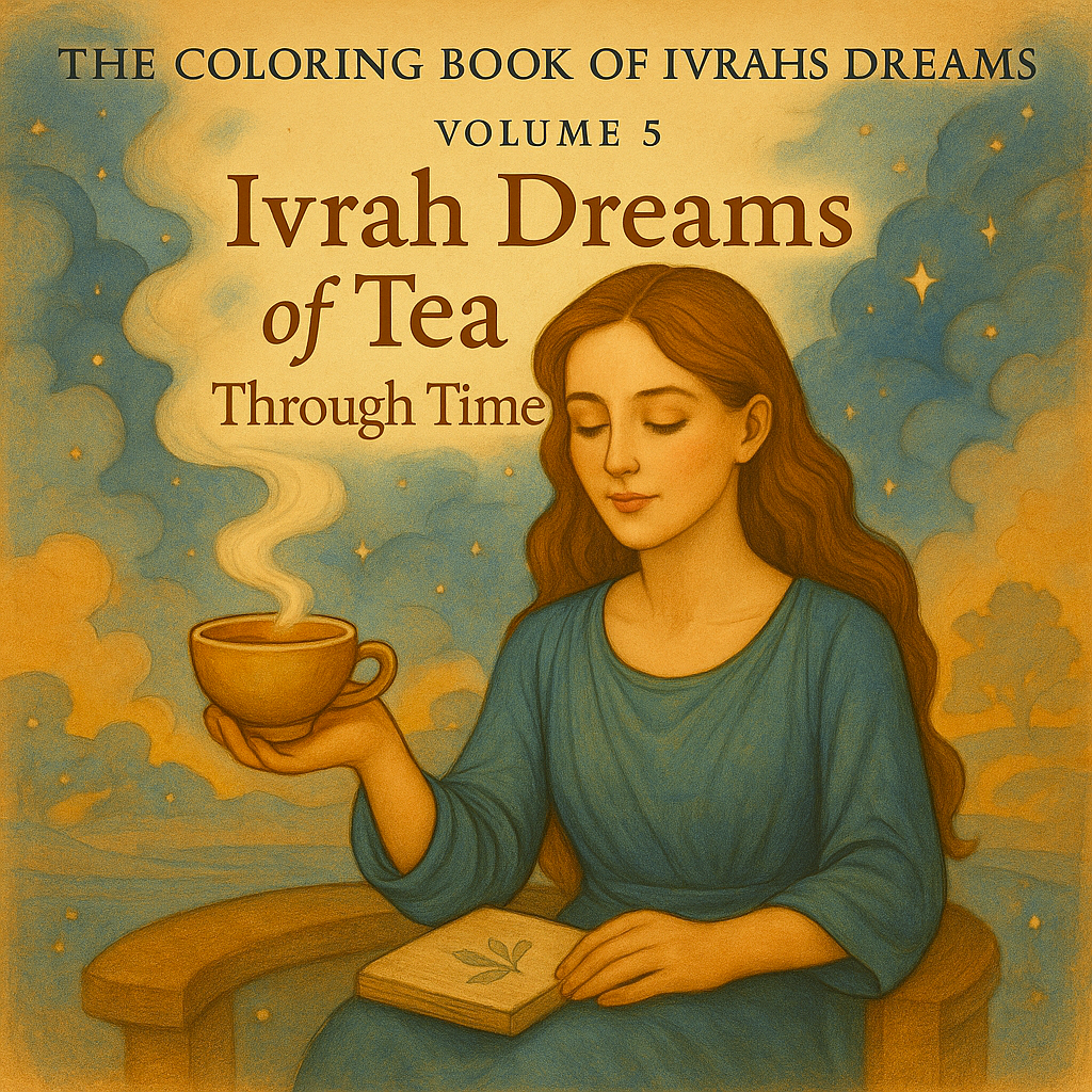 Cover of The Coloring Book of Ivrah’s Dreams – Volume 5: Ivrah Dreams of Tea Through Time, featuring Ivrah with her sketchbook in her lap while holding a steaming cup of tea amid timeless tea traditions.