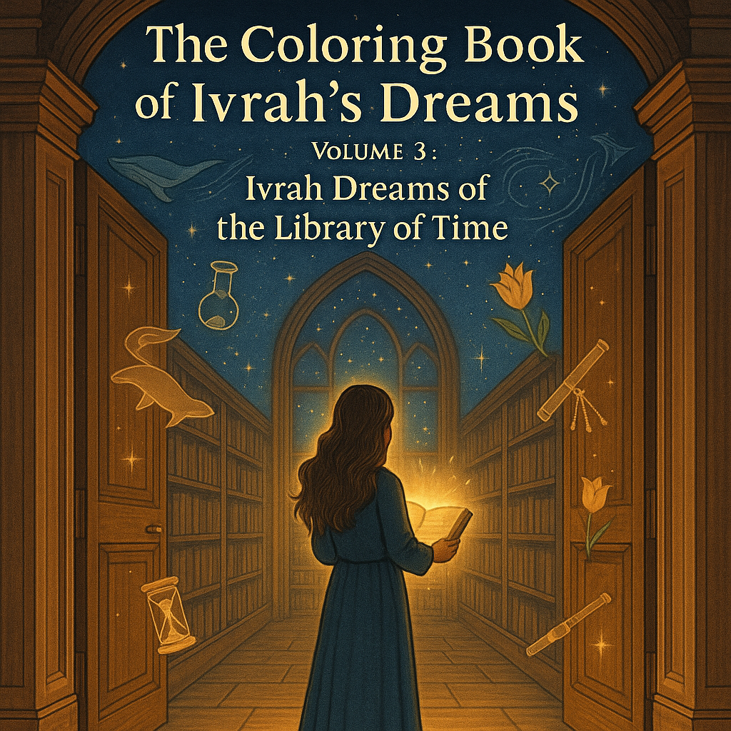 Cover of The Coloring Book of Ivrah’s Dreams - Volume 3: Ivrah Dreams of the Library of Time, showing Ivrah sketching in a vast luminous library filled with floating books, glowing hourglasses, and corridors of light.